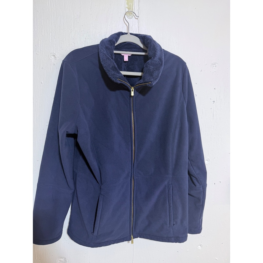 Lilly Pulitzer Grace Fleece Jacket Women XL Navy Blue Full Zip Faux Fur Preppy